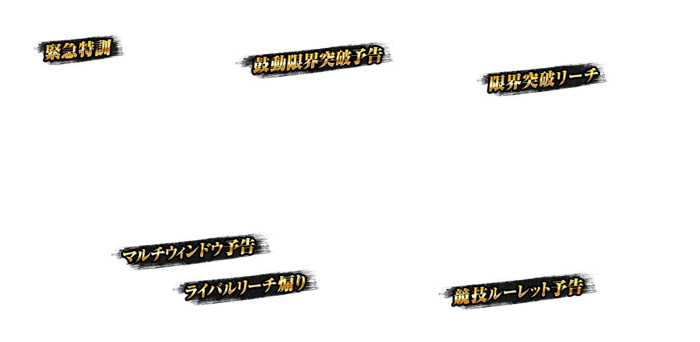 緊急特訓、鼓動限界突破予告、限界突破リーチ、マルチウィンドウ予告、ライバルリーチ煽り、競技ルーレット予告