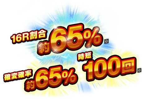 16R割合 約65％※、確変確率 約65％、時短100回※