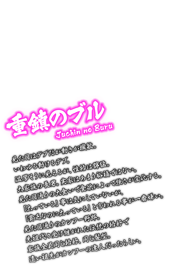 [重鎮のブル Juchin no Buru] 見た目はデブだが動きが機敏。いわゆる動けるデブ。温厚そうに見えるが、性格は獰猛。大家族の長男。実家はあまり裕福ではない。見た目通りの大食いで食欲によって強さが変化する。「太っている」事は気にしていないが、「貧乏なのに太っている」と言われる事が一番嫌い。見た目通りのカンフー野郎。先祖代々受け継がれた伝統の格好で家族全員同じ格好、同じ髪型。遠い祖先がカンフーの達人だったらしい。