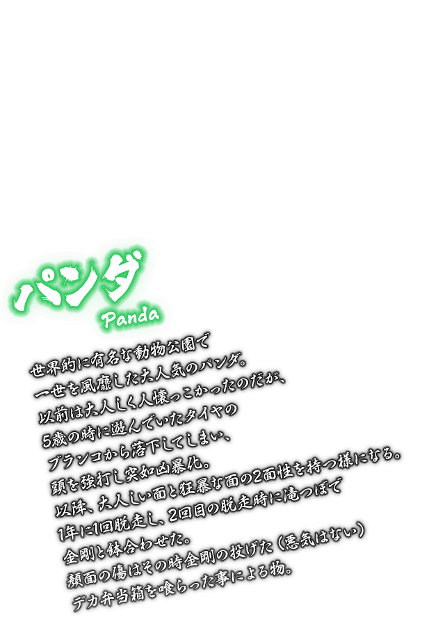 [パンダ Panda] 世界的に有名な動物公園で一世を風靡した大人気のパンダ。以前は大人しく人懐っこかったのだが、5歳の時に遊んでいたタイヤのブランコから落下してしまい、頭を強打し突如凶暴化。以降、大人しい面と狂暴な面の2面性を持つ様になる。1年に1回脱走し、2回目の脱走時に滝つぼで金剛と鉢合わせた。顔面の傷はその時金剛の投げた（悪気はない）デカ弁当箱を喰らった事による物。