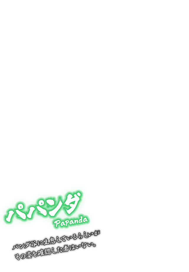 [パパンダ Papanda] パンダ谷に生息しているらしいがその姿を確認した者はいない。