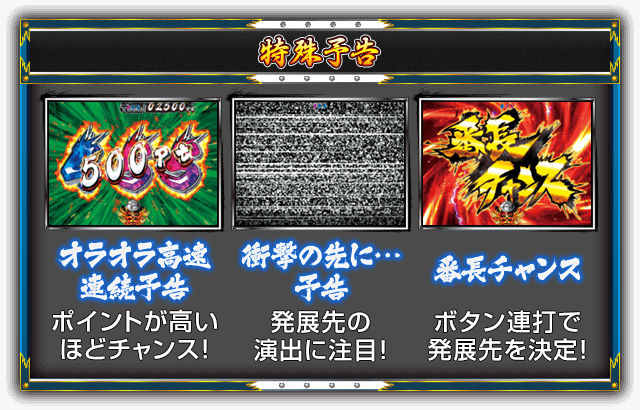 【特殊予告】［オラオラ高速連続予告］ポイントが高いほどチャンス！［衝撃の先に…予告］発展先の演出に注目！［番長チャンス］ボタン連打で発展先を決定！