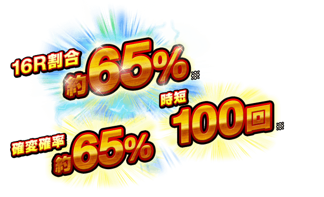 16R割合 約65％※、確変確率 約65％、時短100回※