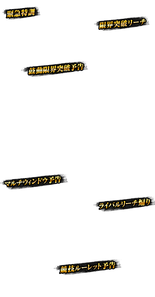 緊急特訓、鼓動限界突破予告、限界突破リーチ、マルチウィンドウ予告、ライバルリーチ煽り、競技ルーレット予告
