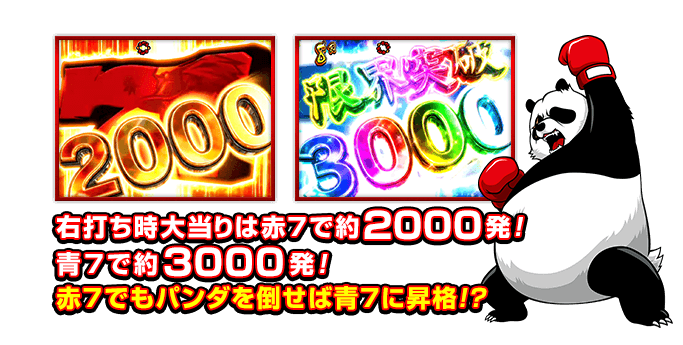 右打ち時大当りは赤７で約2000発(※1)！青７で約3000発(※2)！赤７でもパンダを倒せば青7に昇格!?