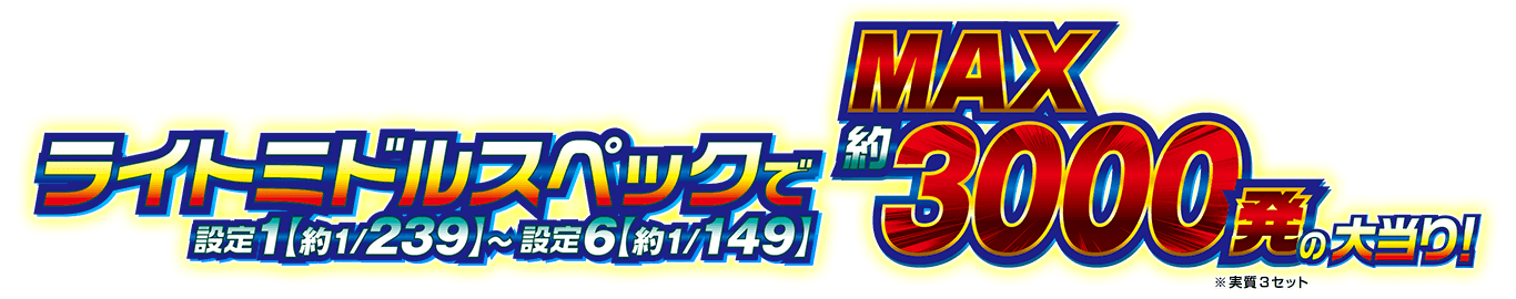 ライトミドルスペック（設定1【約1/239】～設定6【約1/149】）で MAX約3000発の大当り！ ※実質3セット