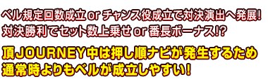 ベル規定回数成立 or チャンス役成立で対決演出へ発展！対決勝利でセット数上乗せor番長ボーナス!?　頂JOURNEY中は押し順ナビが発生するため通常時よりもベルが成立しやすい！