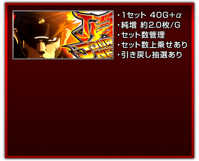・1セット 40G＋α、・純増 約2.0枚/G、・セット数管理、・セット数上乗せあり、・引き戻し抽選あり