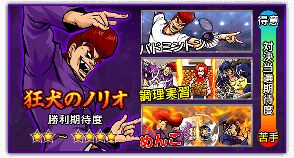 【狂犬のノリオ】［勝利期待度］★2個～★4個 ［対決当選期待度］バドミントン＜調理実習＜めんこ