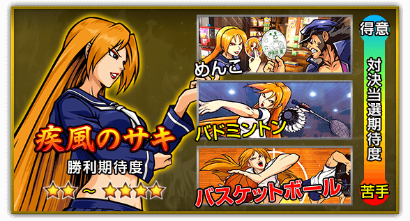 【疾風のサキ】［勝利期待度］★2個～★4個 ［対決当選期待度］めんこ＜バドミントン＜バスケットボール