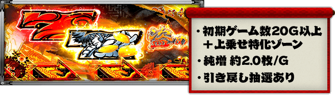 ・初期ゲーム数20G以上＋上乗せ特化ゾーン、・純増 約2.0枚/G、・引き戻し抽選あり