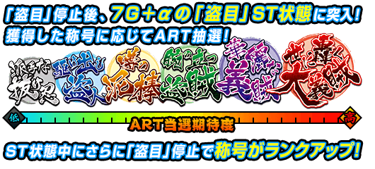 「盗目」停止後、7G＋αの「盗目」ST状態に突入！獲得した称号に応じてART抽選！ST状態中にさらに「盗目」停止で称号がランクアップ！