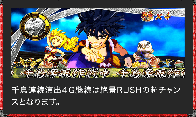 千鳥連続演出4G継続は絶景RUSHの超チャンスとなります。