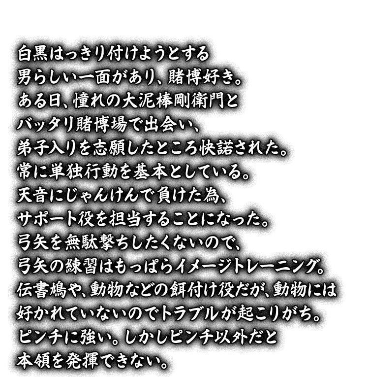 白黒はっきり付けようとする男らしい一面があり、賭博好き。ある日、憧れの大泥棒剛衛門とバッタリ賭博場で出会い、弟子入りを志願したところ快諾された。常に単独行動を基本としている。天音にじゃんけんで負けた為、サポート役を担当することになった。弓矢を無駄撃ちしたくないので、弓矢の練習はもっぱらイメージトレーニング。伝書鳩や、動物などの餌付け役だが、動物には好かれていないのでトラブルが起こりがち。ピンチに強い。しかしピンチ以外だと本領を発揮できない。