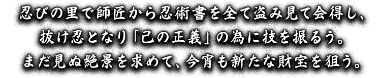 忍びの里で師匠から忍術書を全て盗み見て会得し、抜け忍となり「己の正義」の為に技を振るう。まだ見ぬ絶景を求めて、今宵も新たな財宝を狙う。