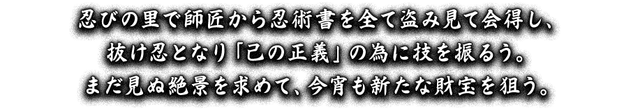 忍びの里で師匠から忍術書を全て盗み見て会得し、抜け忍となり「己の正義」の為に技を振るう。まだ見ぬ絶景を求めて、今宵も新たな財宝を狙う。