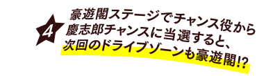 [4] 豪遊閣ステージでチャンス役から慶志郎チャンスに当選すると、次回のドライブゾーンも豪遊閣!?