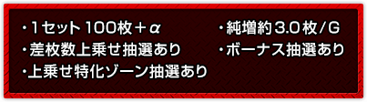 ・1セット100枚＋α ・差枚数上乗せ抽選あり ・上乗せ特化ゾーン抽選あり ・純増約3.0枚/G ・ボーナス抽選あり