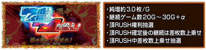 ・純増約3.0枚/G ・継続ゲーム数20G～30G＋α ・頂RUSH権利抽選 ・頂RUSH確定後の継続は差枚数上乗せ ・頂RUSH中差枚数上乗せ抽選
