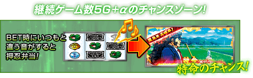 ・継続ゲーム数5G+αのチャンスゾーン! BET時にいつもと違う音がすると押忍弁当! 特命のチャンス!
