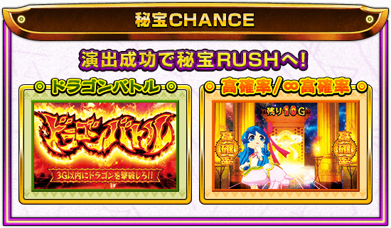 [秘宝CHANCE] 演出成功で秘宝RUSHへ！【ドラゴンバトル】【高確率/∞高確率】∞高確率突入で秘宝RUSHは目前！？