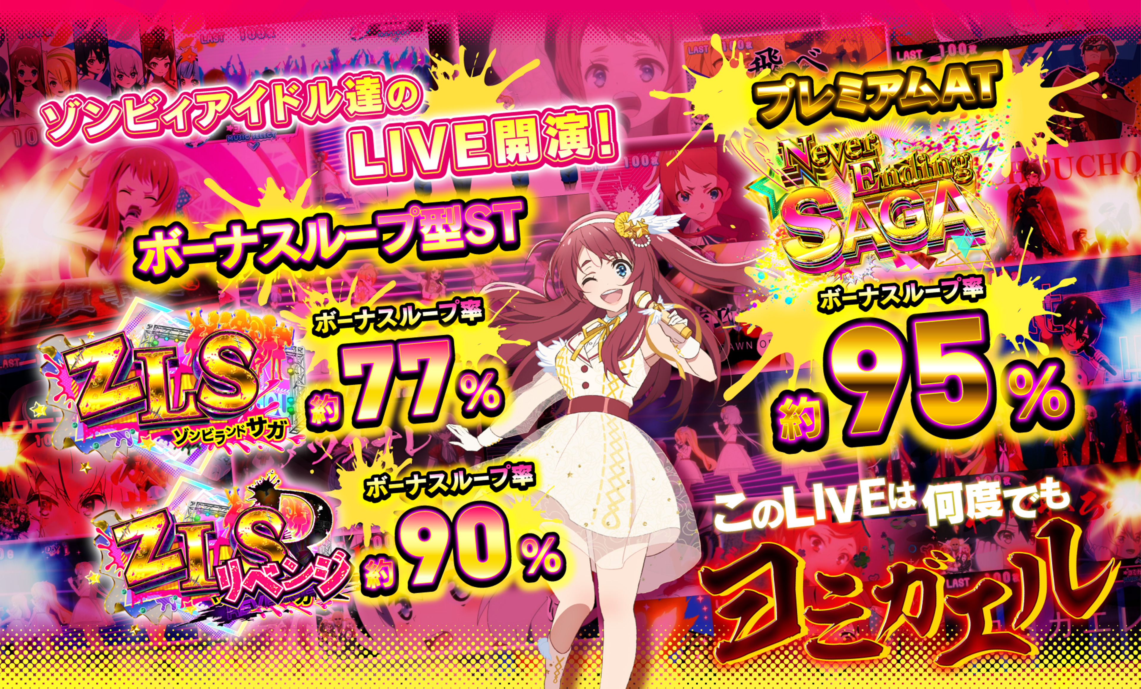 ゾンビィアイドル達のLIVE開演！ ボーナスループ型ST ZLSボーナスループ率約77% ZLSRボーナスループ率約90% プレミアムAT NeverEndingSAGAボーナスループ率約95% このLIVEは何度でもヨミガエル
